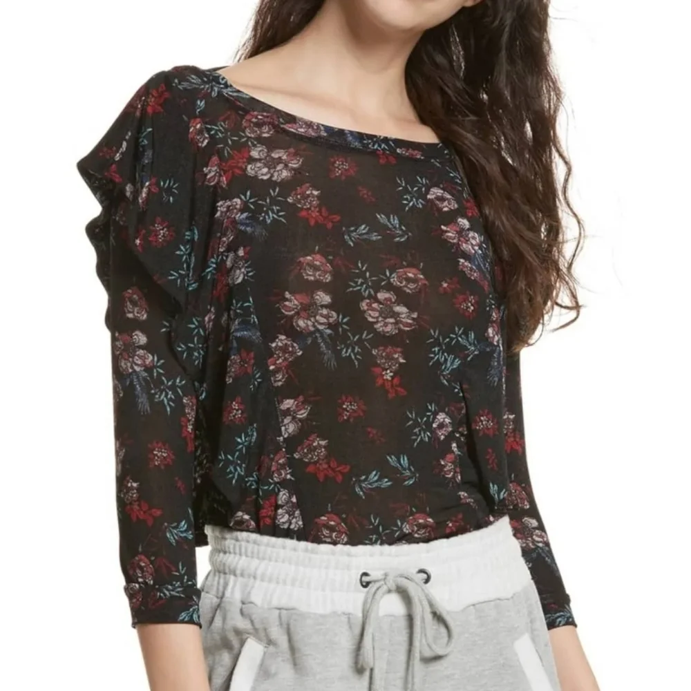 Free People EUC Womens Size Xs 3/4 Sleeve Floral Black Red Blouse Shirt Top Boho - Picture 2 of 14